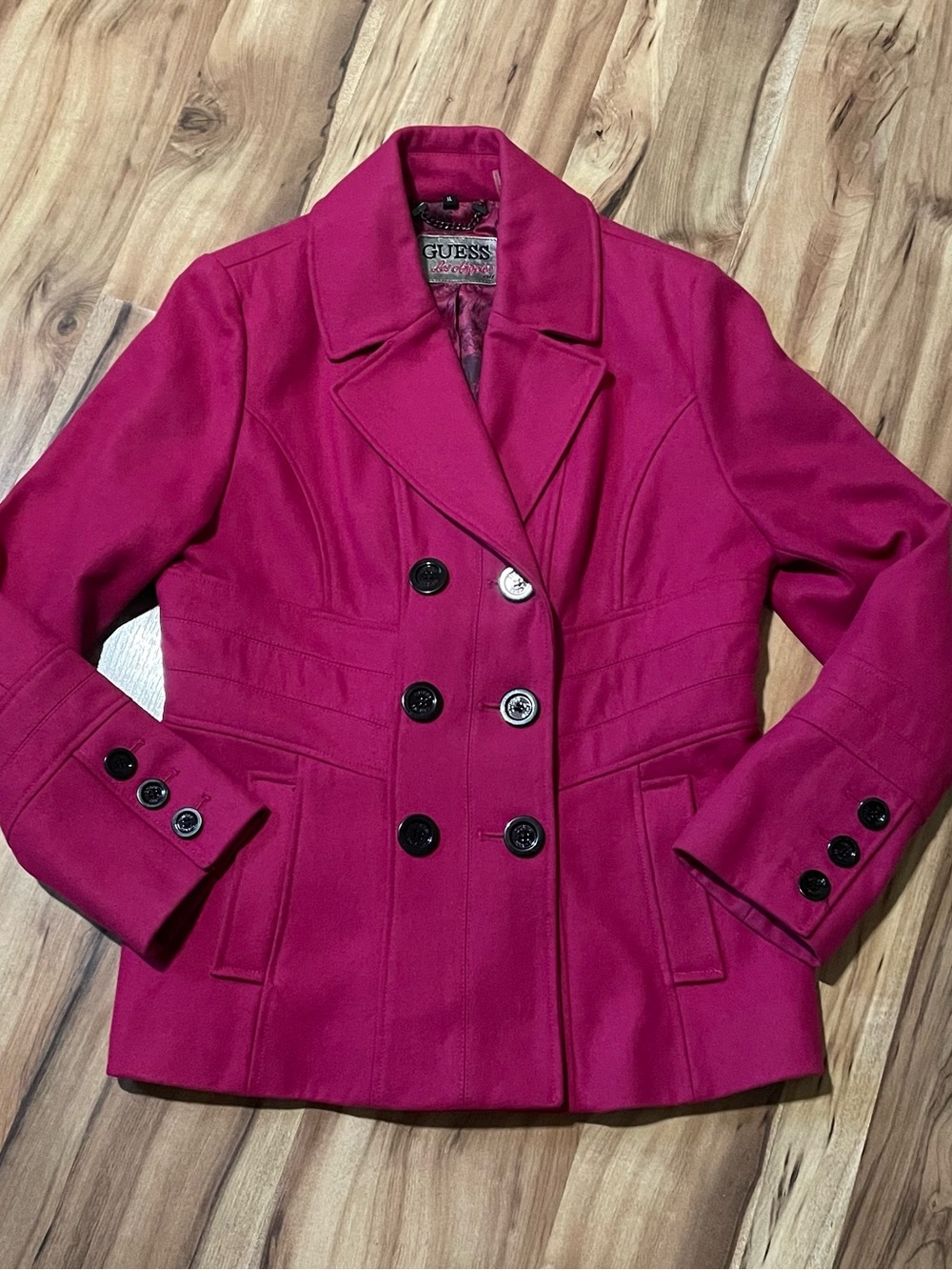 GUESS Hot Pink Double Breasted Pea Coat Wool Blend Jr Size XL